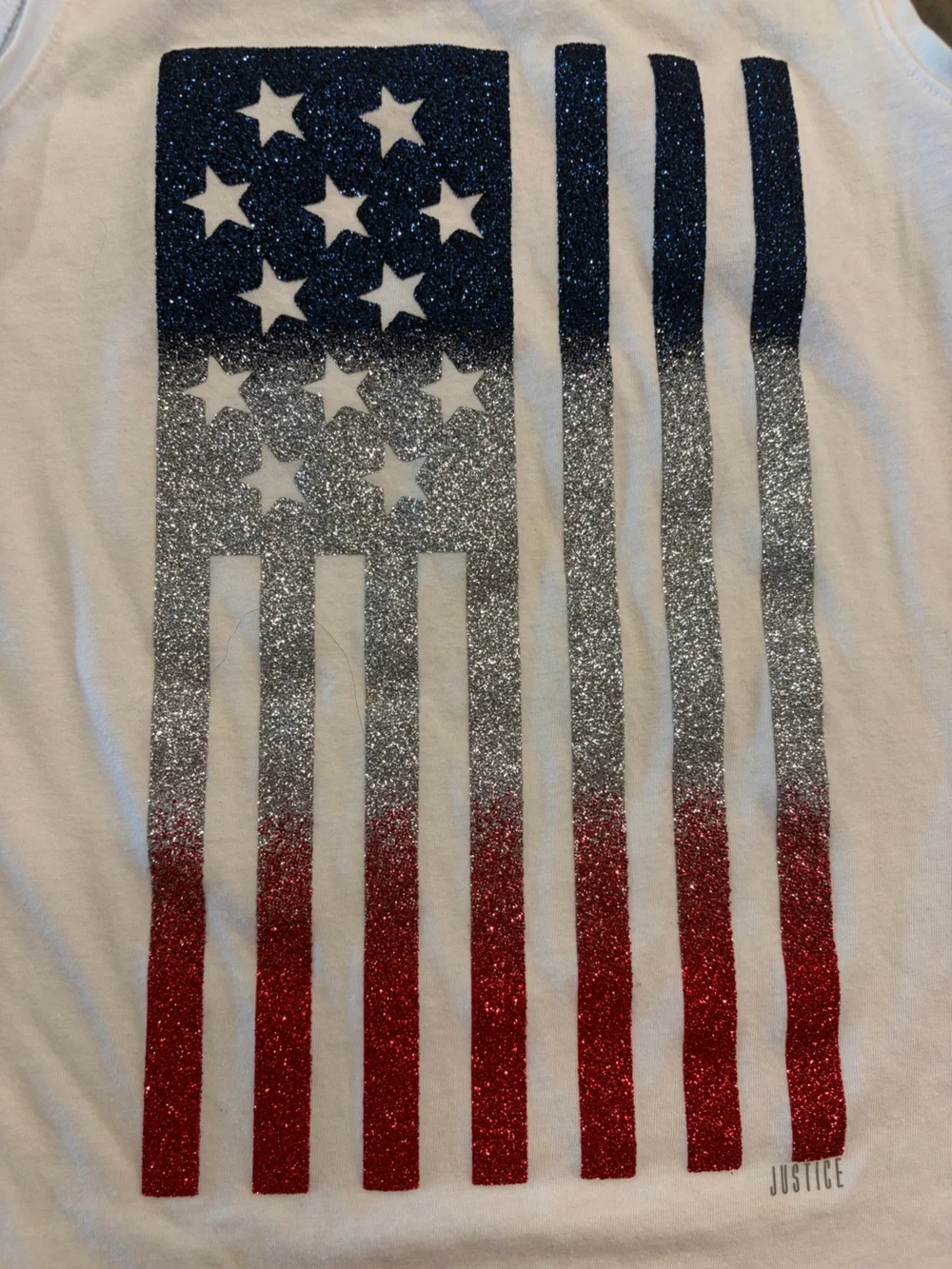 Justice White Tank Top with Red, Silver & Blue Glitter Flag